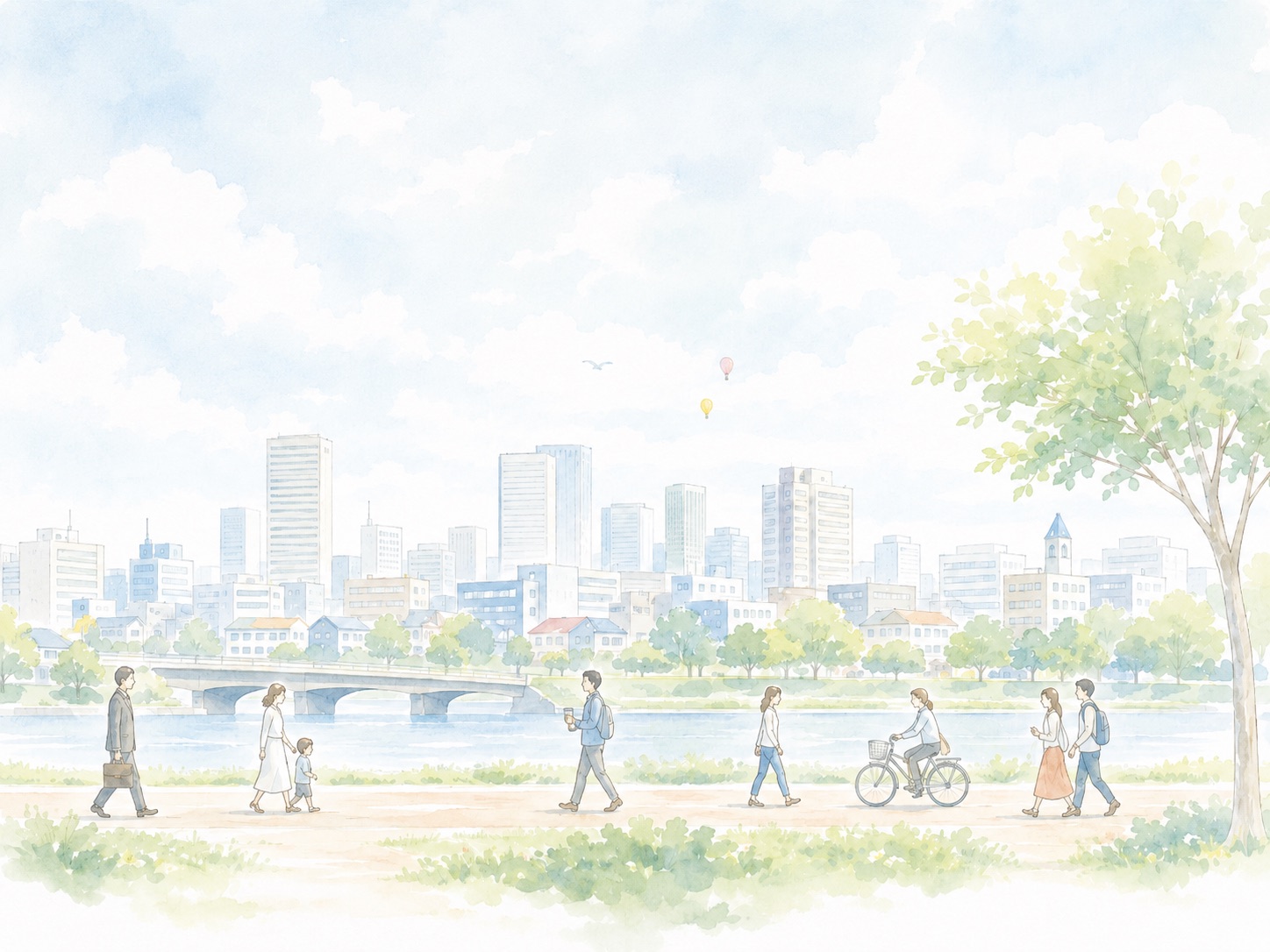 川沿いの遊歩道を歩く人たちと、緑と街並みをやわらかく描いた水彩イラスト